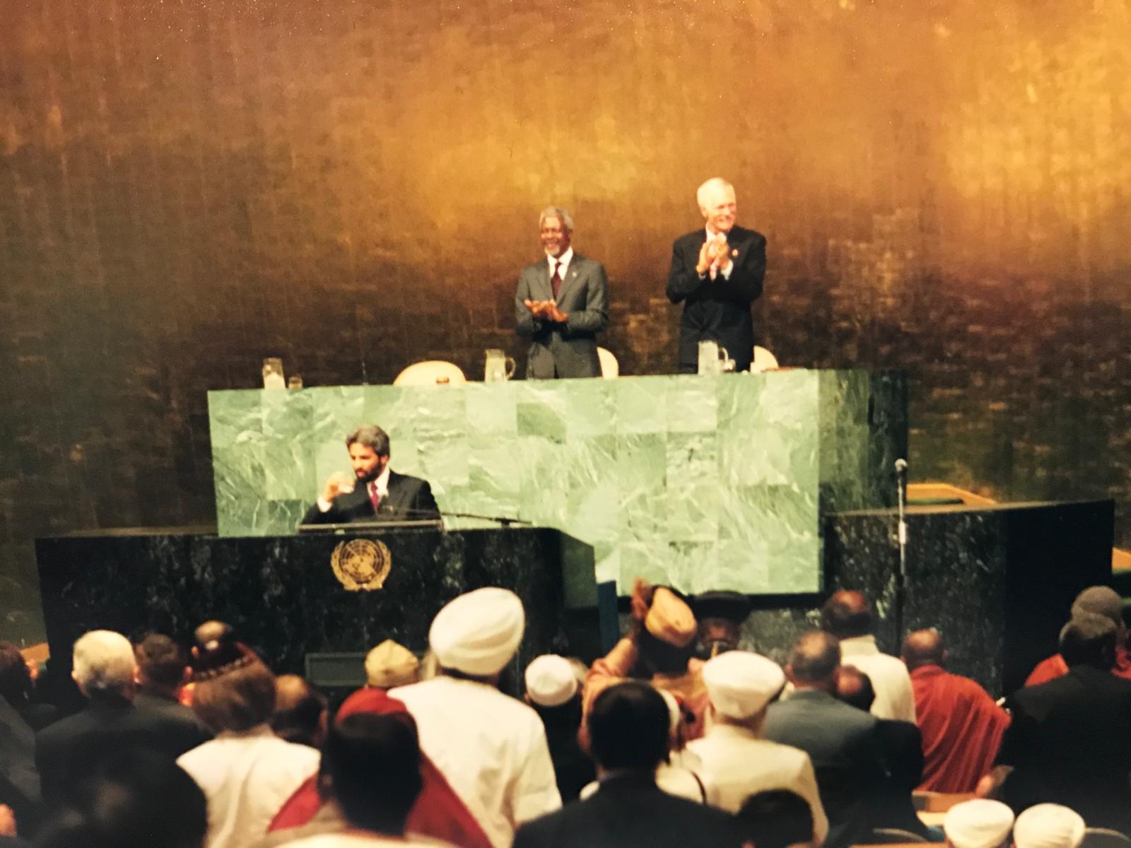 Religious leaders in traditional dress fill the United Nations General Assembly Hall during the Millennium World Peace Summit